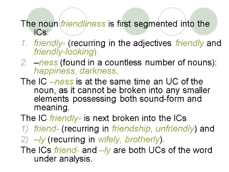 The noun friendliness is first segmented into the ICs:  friendly- (recurring in the
